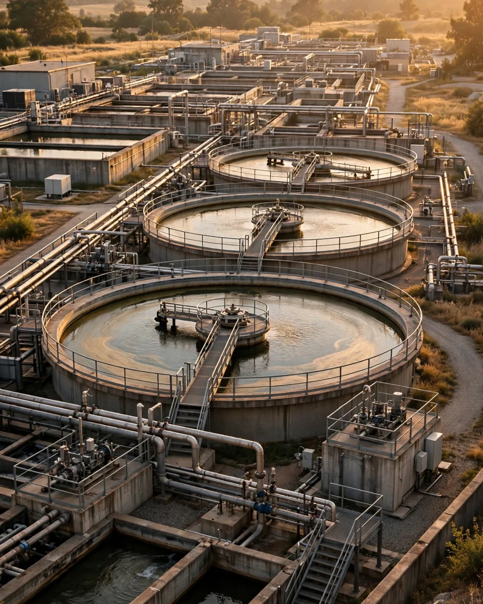 Municipal water treatment plant with large circular clarifier tanks at golden hour