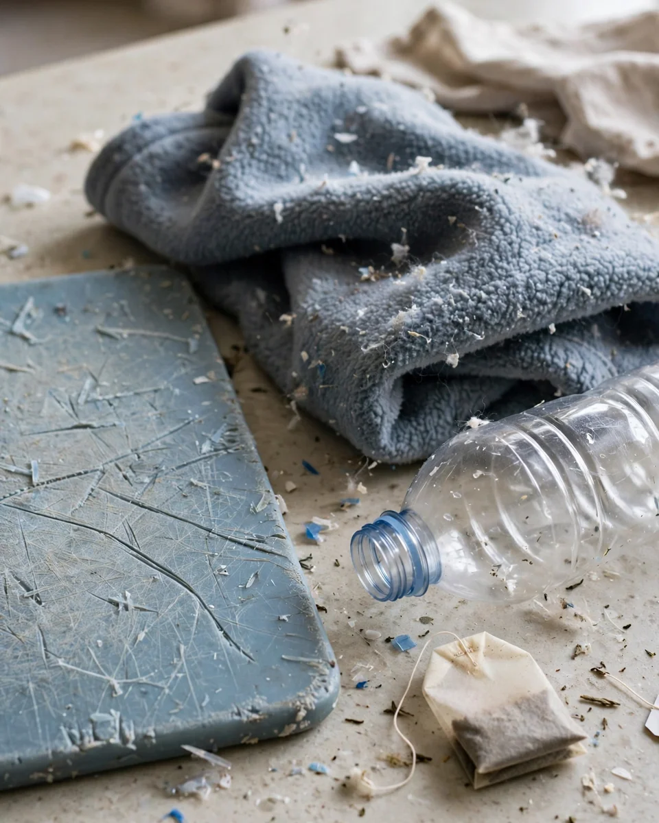 Worn plastic cutting board, synthetic fleece, plastic bottle and tea bag — everyday sources of microplastics