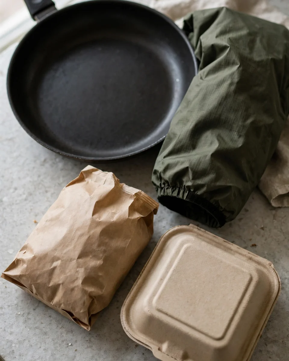 Everyday items made with PFAS chemistry — a nonstick pan, water-resistant jacket, grease-resistant bag and takeout container