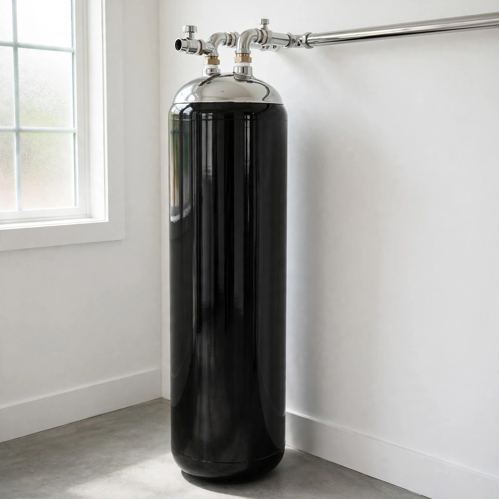 Tall black whole-house carbon tank with chrome pipes in a utility room