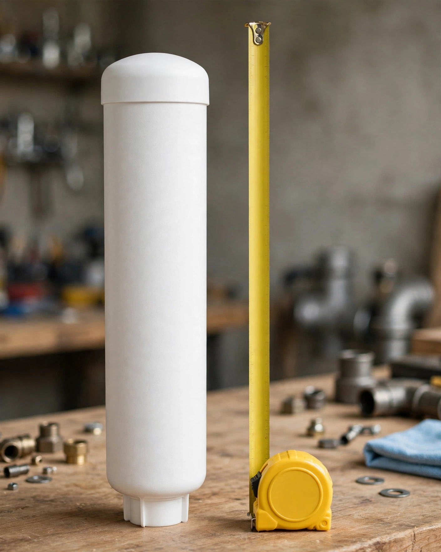 Single tall whole-house replacement cartridge standing upright next to a tape measure showing its scale on a workbench