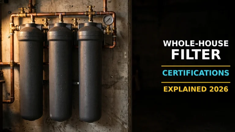 Whole-house water filter housings in a garage utility room — featured image for the whole-house filter certifications guide
