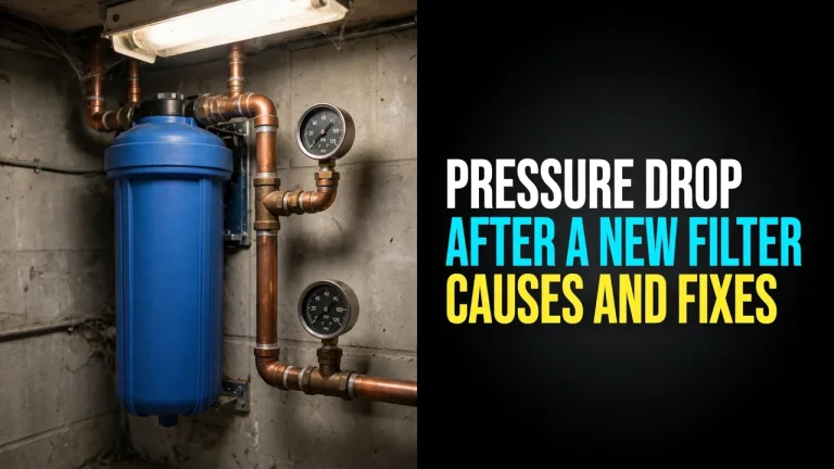 Whole-house water filter pressure drop — a big blue filter housing with pressure gauges on a basement wall