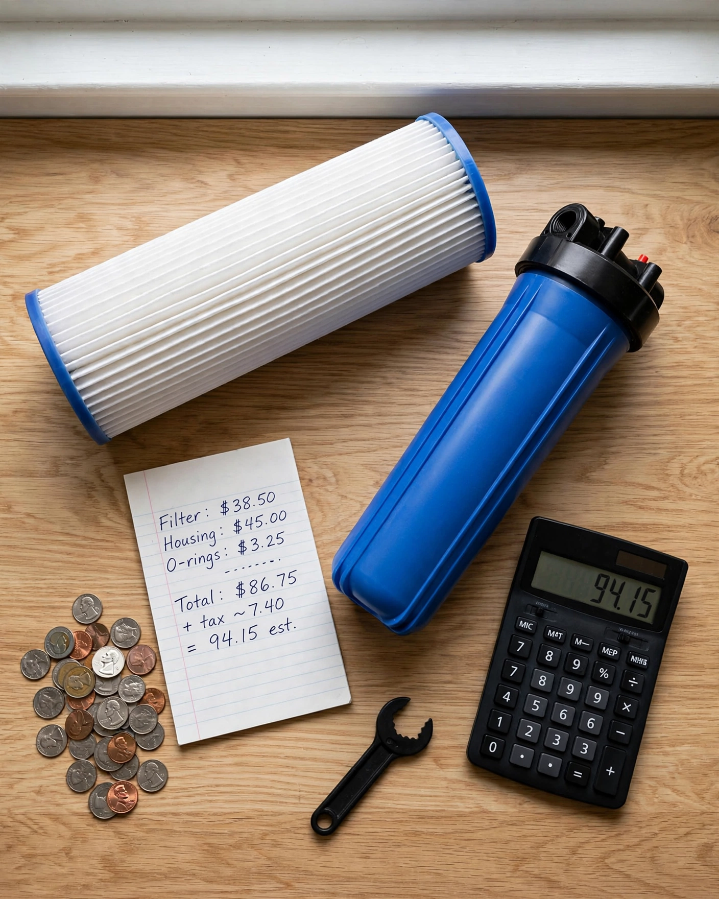 Large whole-house filter cartridge and blue housing sump with a calculator, coins, and a notepad on a counter