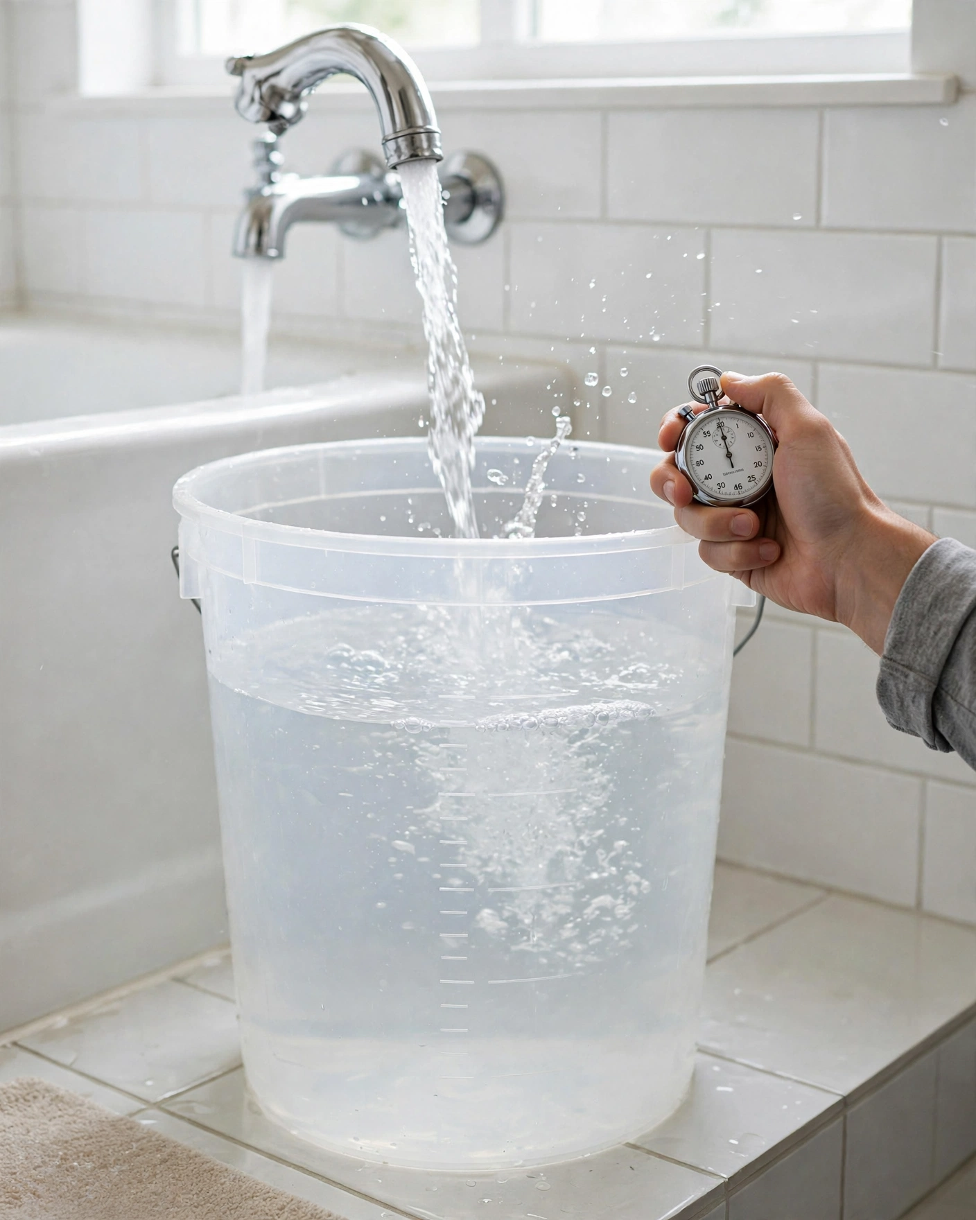 Bathtub faucet filling a 5-gallon bucket while a hand holds a stopwatch to measure flow rate