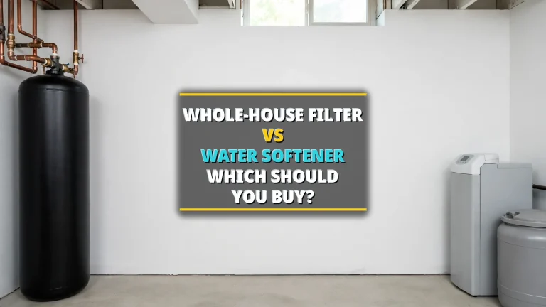 Whole House Filter vs Water Softener 2026 — black whole-house filter tank on the left and grey softener unit with brine tank on the right in a white basement utility room, headline centered between them