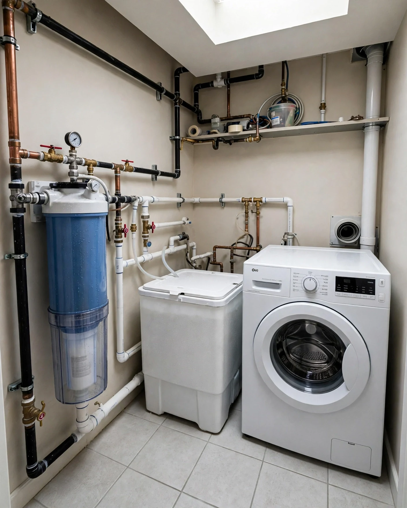Laundry room corner with a whole-house filter tank and softener brine tank plumbed side by side next to a washing machine