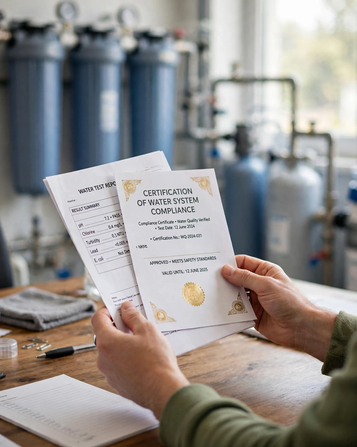 Hands holding a printed water-treatment certification document with seals and a water test report at a desk
