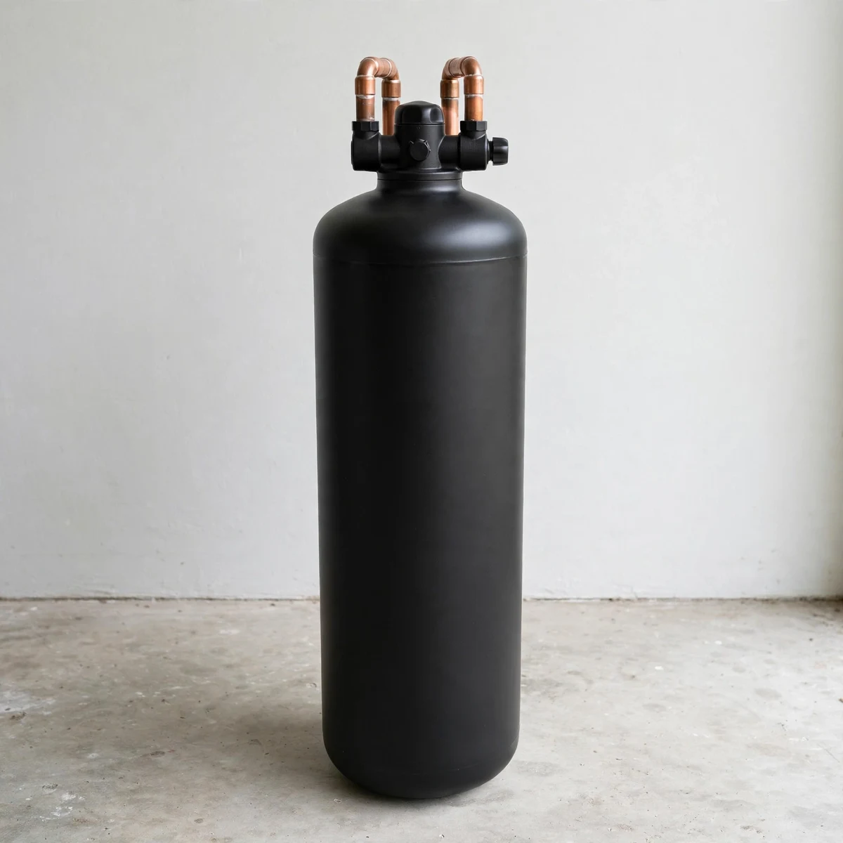 Tall matte black whole-house water filter tank with copper fittings against a pale utility-room wall
