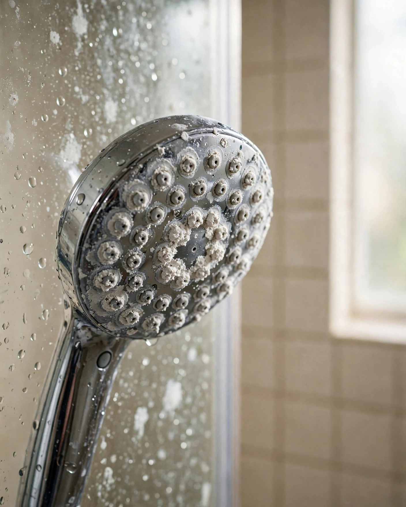 Chrome showerhead encrusted with white limescale and hard-water spots on a glass shower door in a tiled bathroom