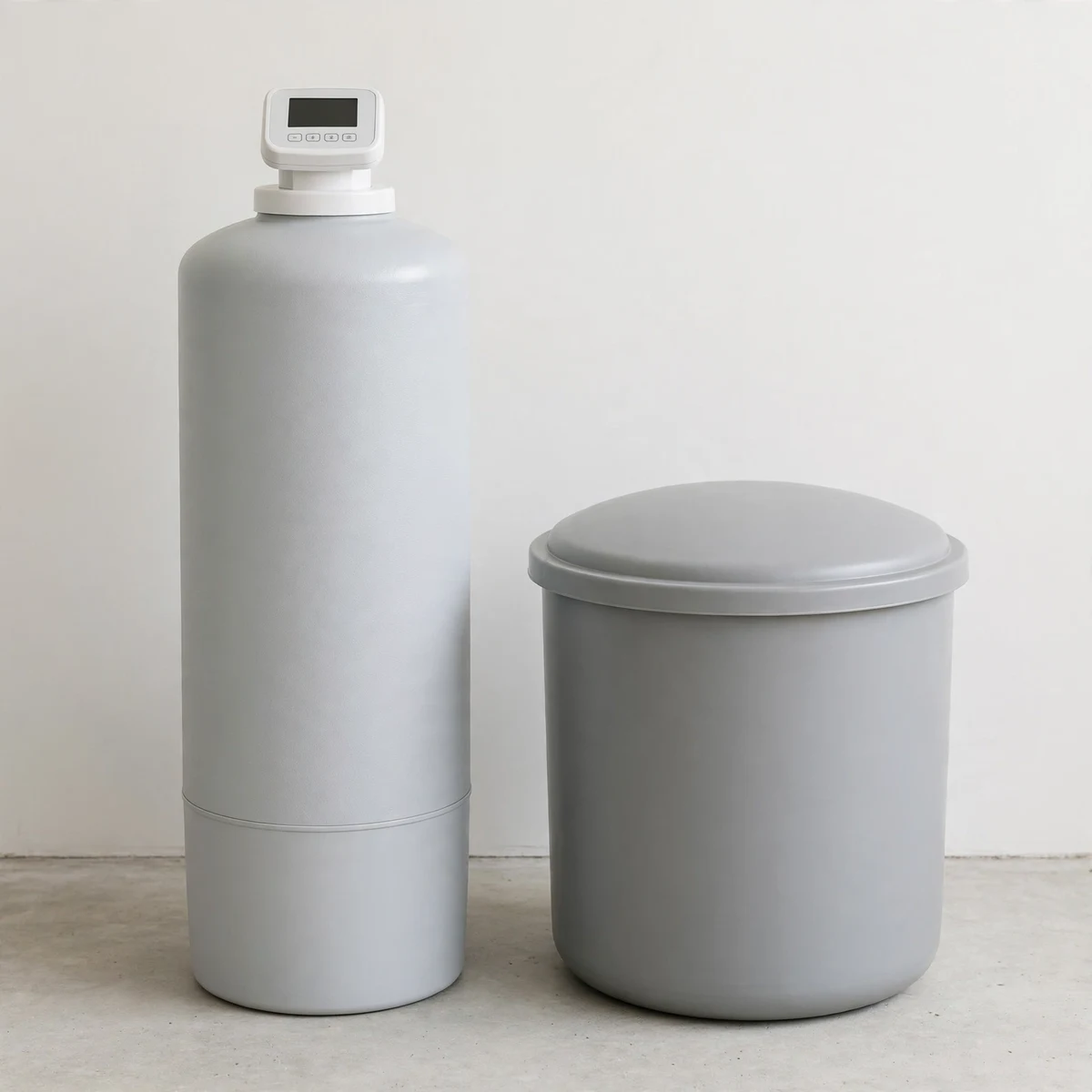Light grey water softener resin tank with a white digital control head beside a round brine tank against a pale utility-room wall