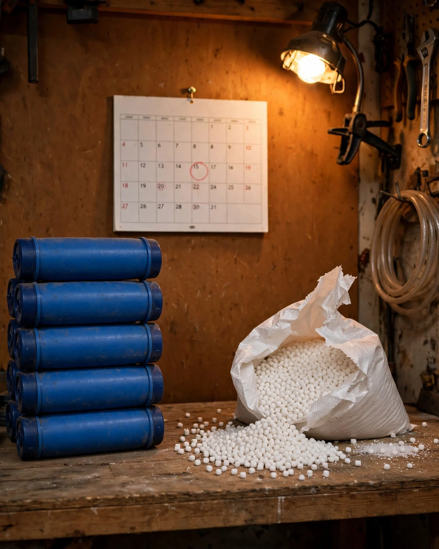 Garage workbench with a stack of blue filter cartridges and an open bag of water-softener salt beside a wall calendar
