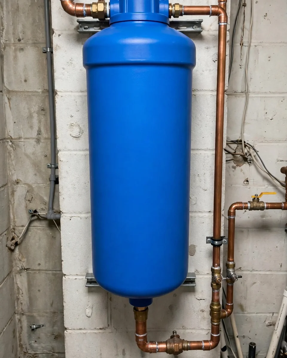 Large blank blue whole-house water filter housing on a basement wall with copper pipes and a pressure gauge