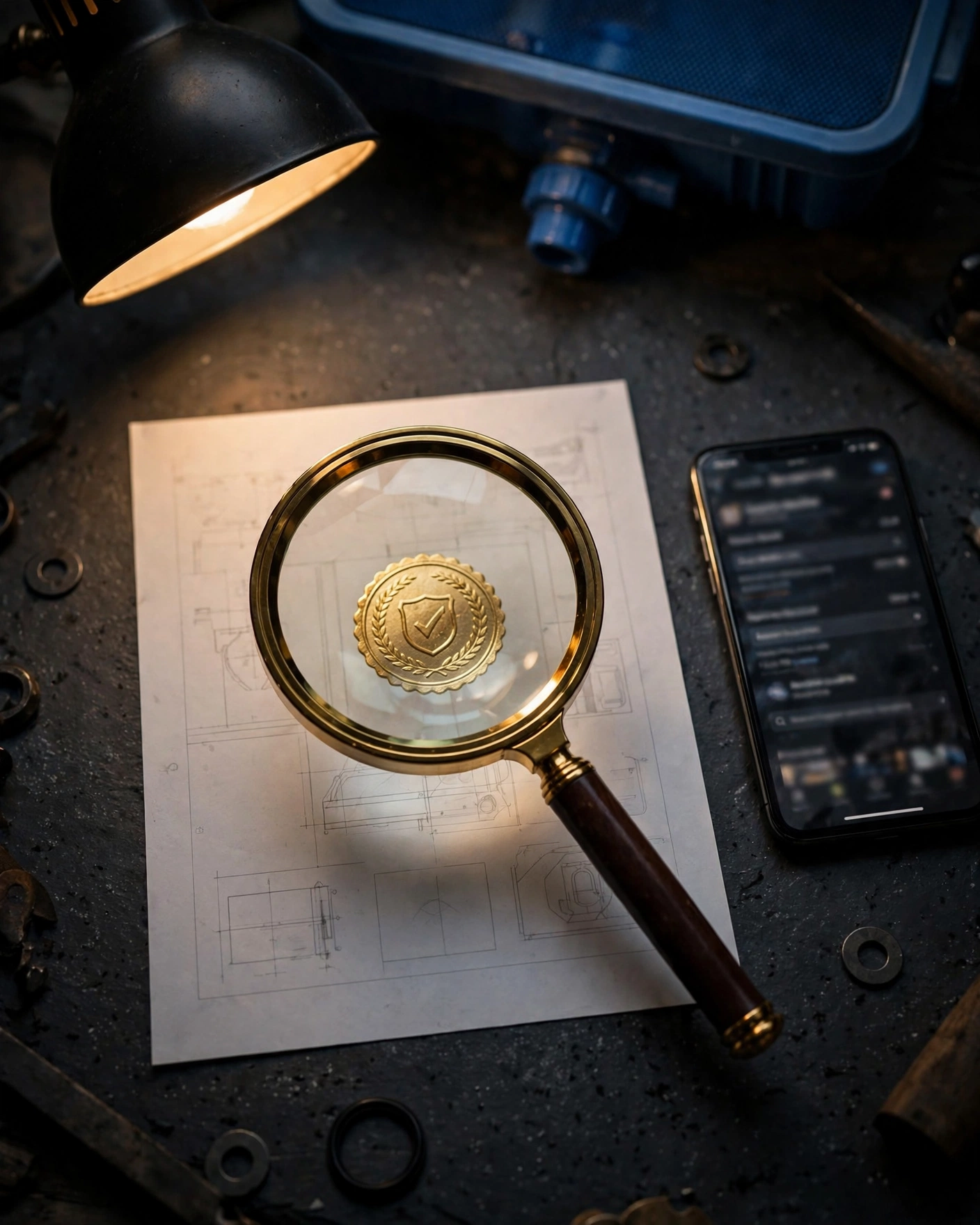 Magnifying glass over a certification seal on a filter specification sheet beside a phone