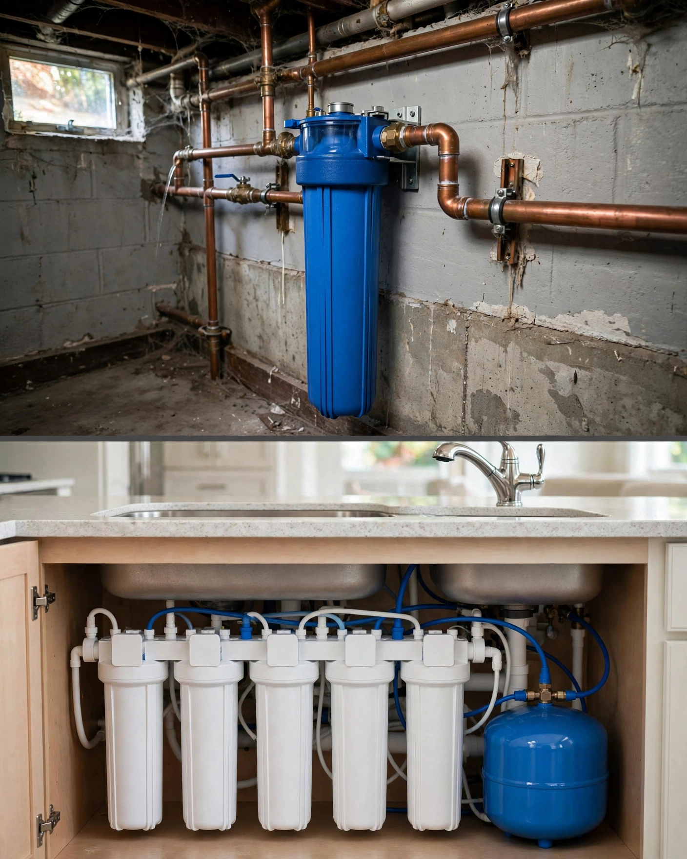 Split view: a whole-house filter tank on the main water line above, an under-sink RO unit with tank below