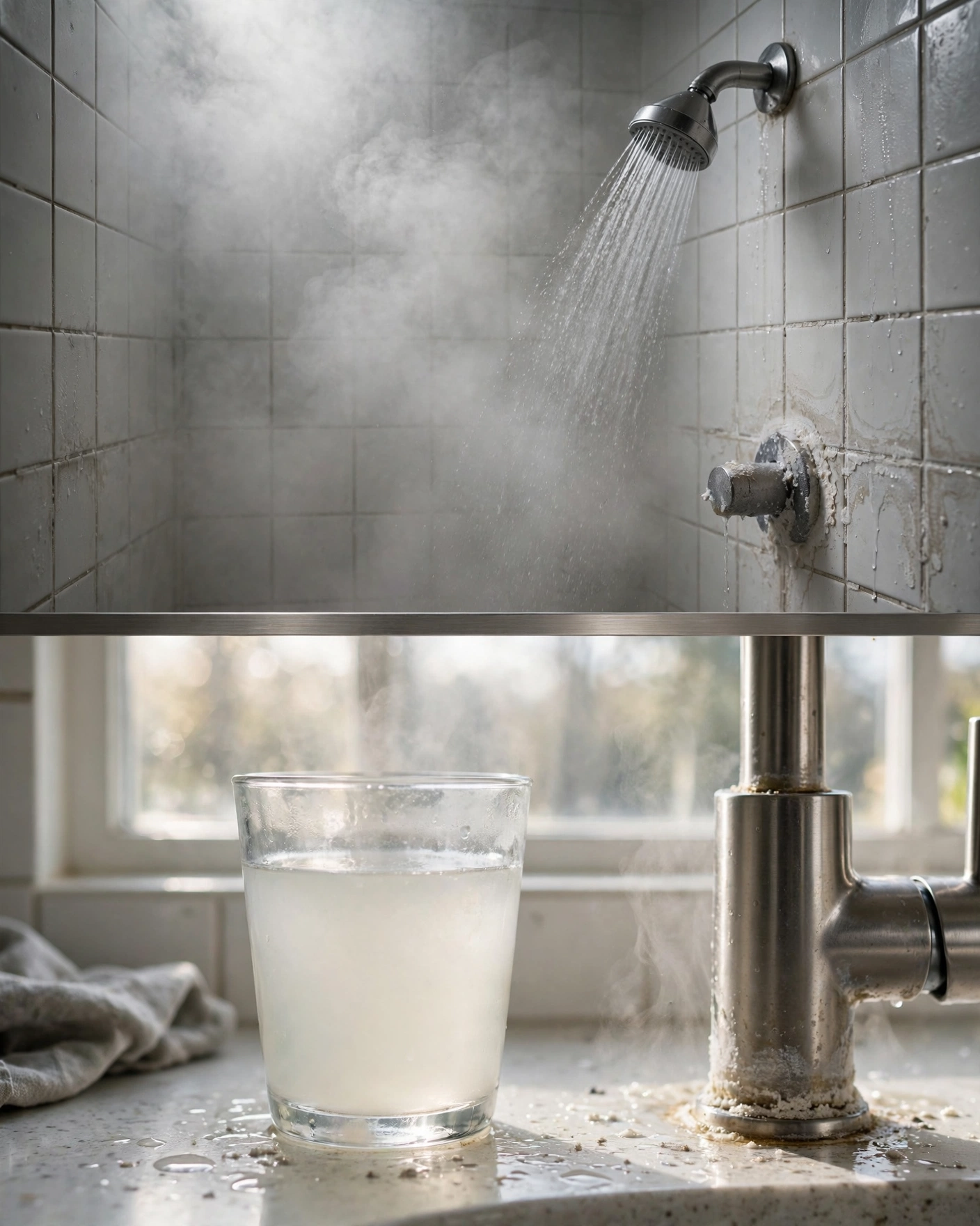 A steamy shower above and a glass of cloudy tap water on a kitchen counter below