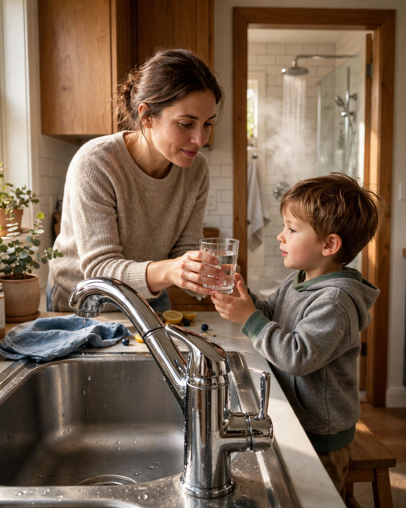 Parent handing a child a glass of water at the kitchen sink with the shower running in the background