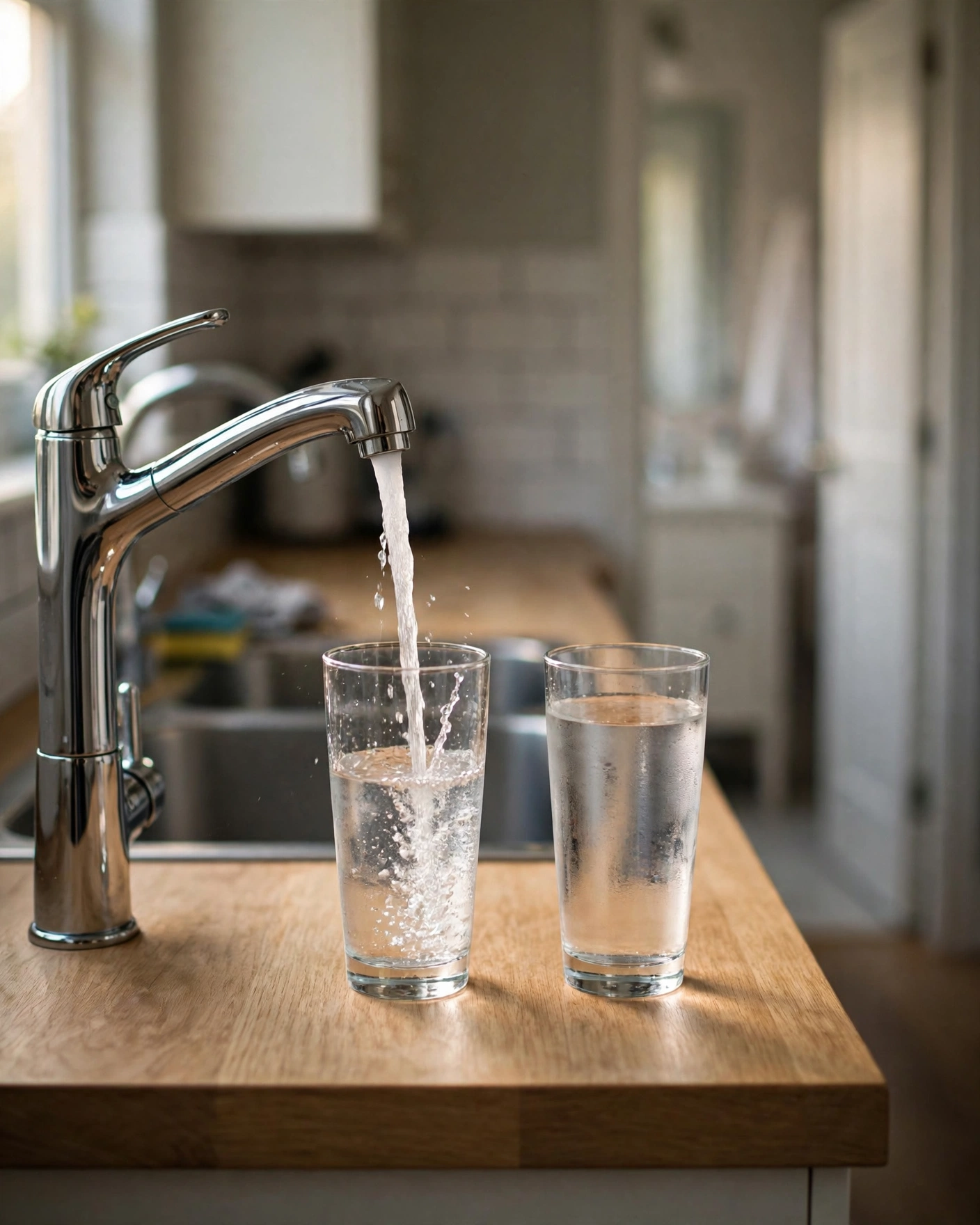 Two glasses of filtered water — one at a dedicated under-sink faucet, one at the main kitchen tap