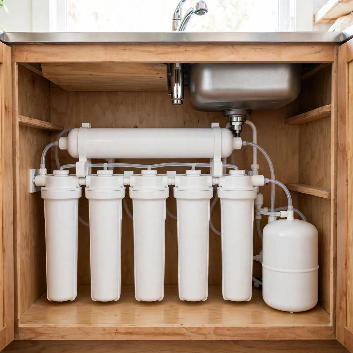 White 5-stage under-sink reverse osmosis system with a storage tank inside an open wooden sink cabinet