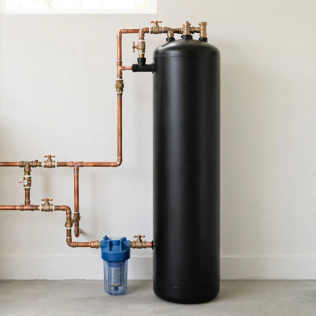 Tall matte-black whole-house carbon filter tank with copper pipes and a blue sediment pre-filter housing in a bright utility room