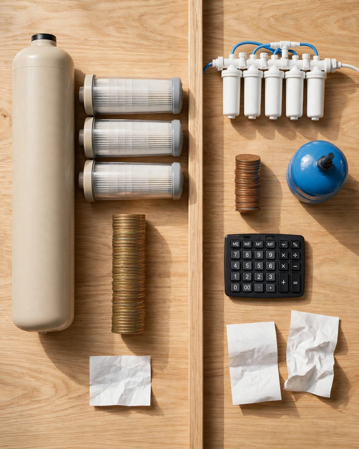 Cost comparison flat-lay: whole-house tank with cartridges and tall coin stack versus under-sink RO set with calculator and shorter stack