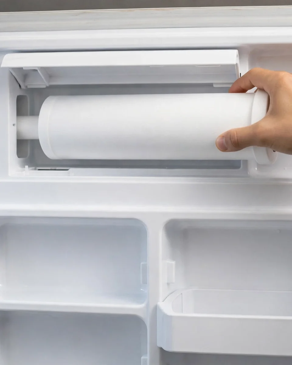 Hand sliding an XWFE cartridge into the filter compartment at the top of a refrigerator door