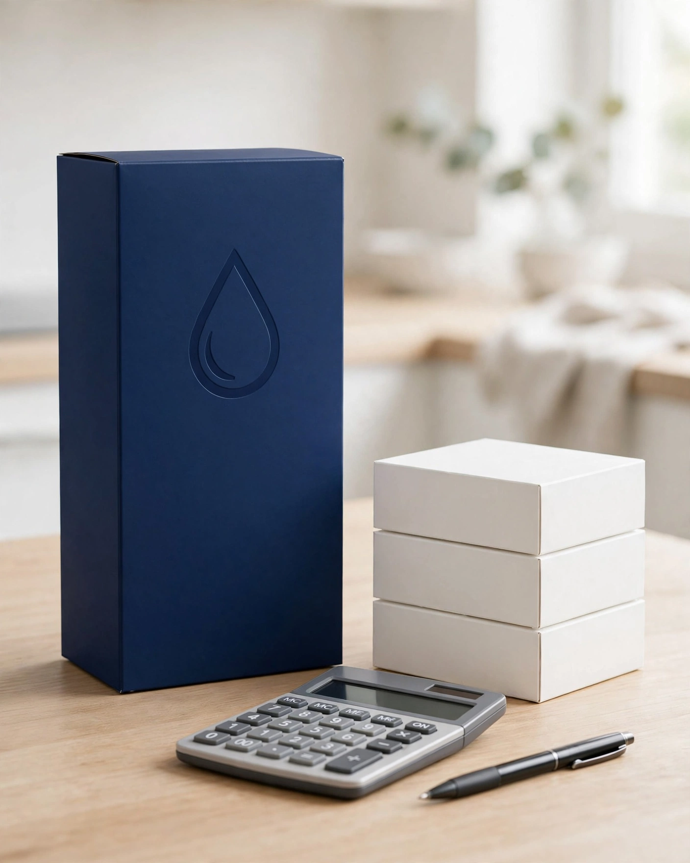 One branded OEM filter box beside a stack of three generic filter boxes with a calculator, illustrating the yearly cost comparison