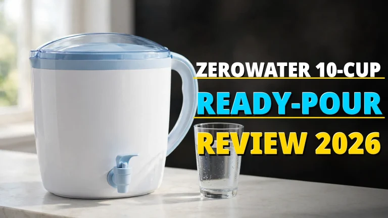 ZeroWater 10-cup Ready-pour pitcher with dispenser spigot on a kitchen counter with the review headline