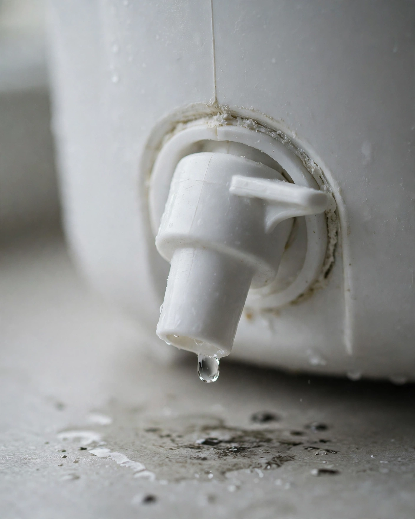 Water droplet forming at the Ready-pour spigot with mineral residue around the seam