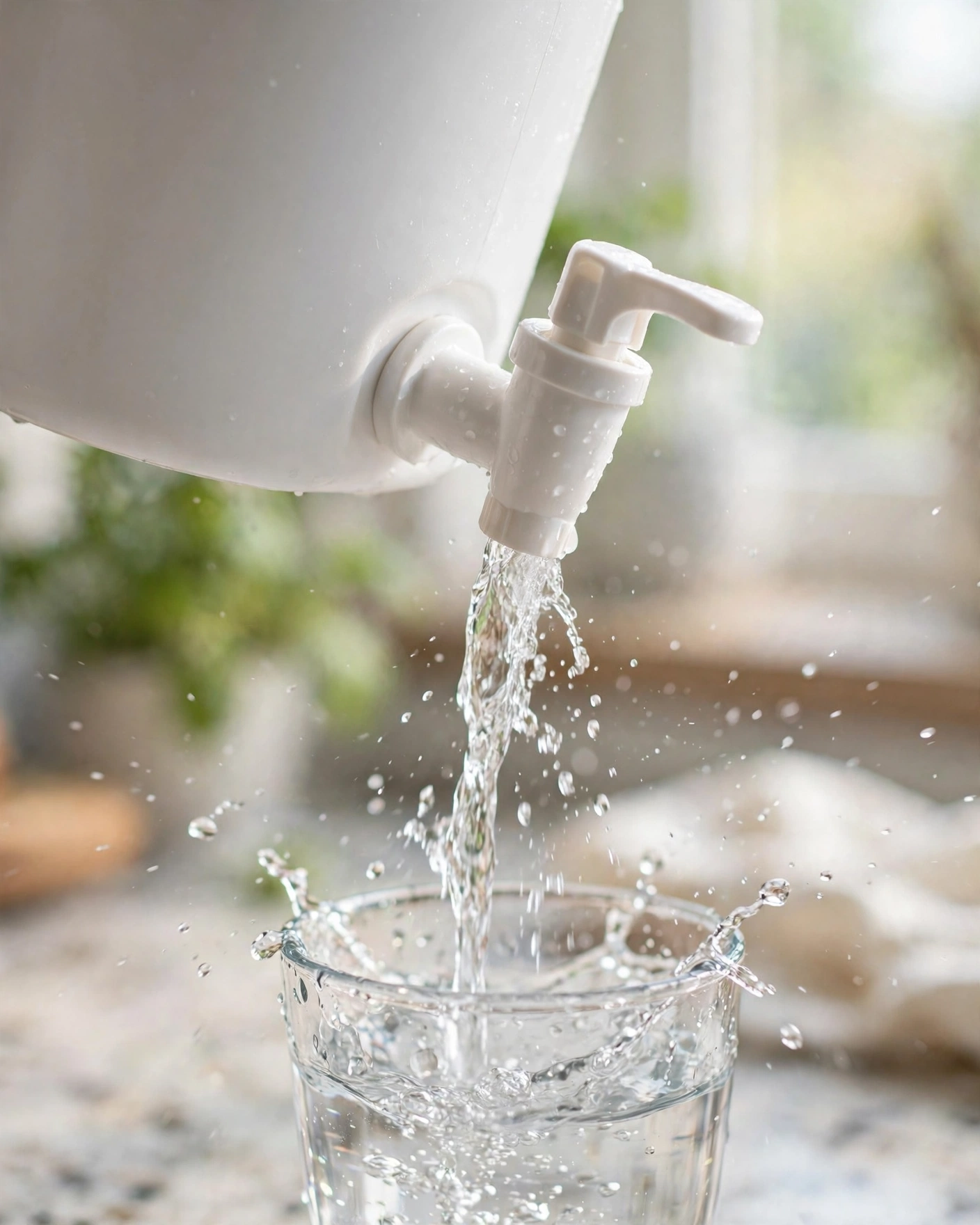 One-hand dispenser spigot pouring filtered water into a glass