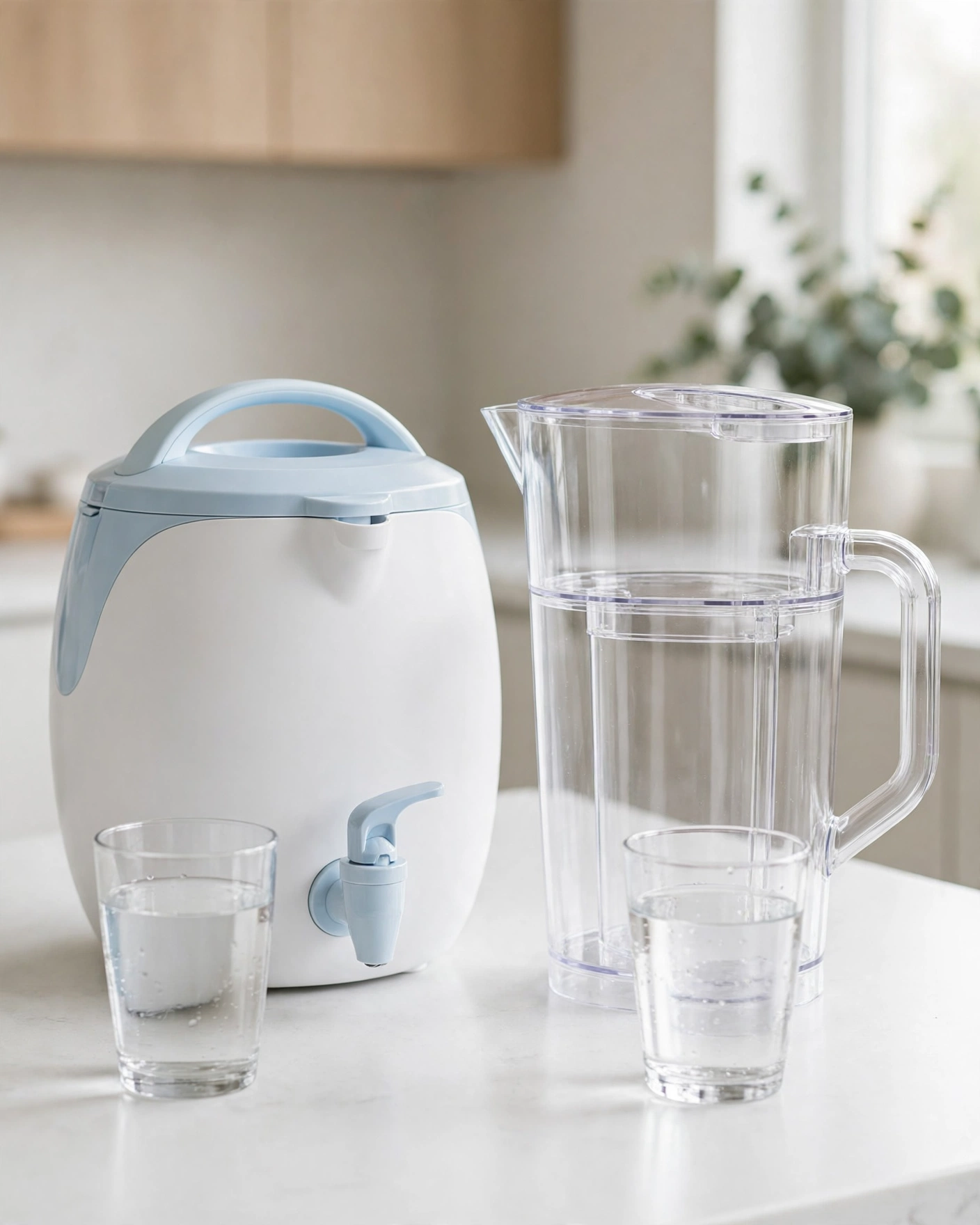 ZeroWater Ready-pour spigot pitcher beside a classic reservoir-style pitcher