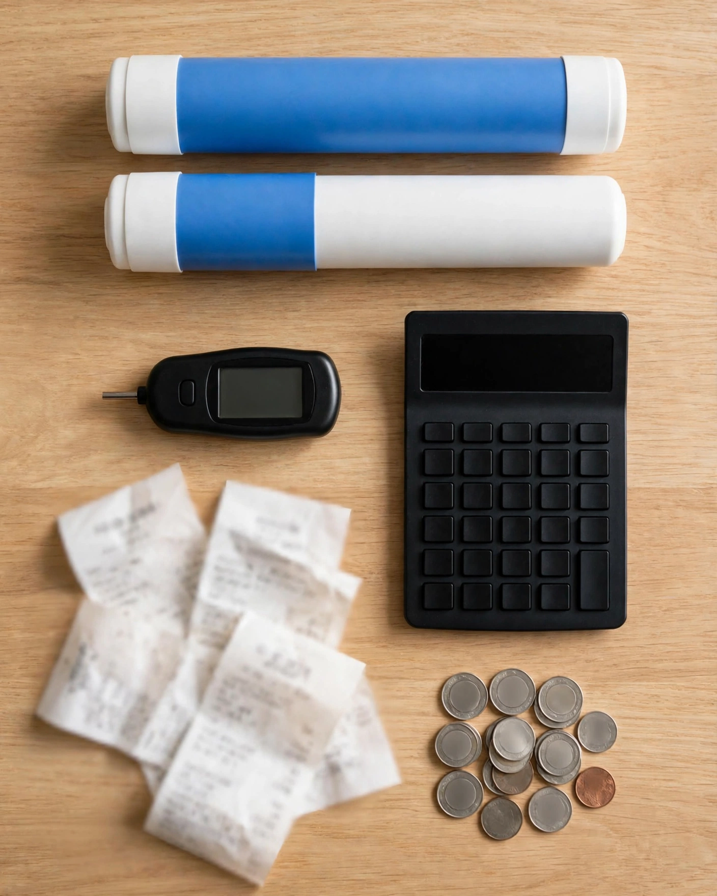 ZeroWater replacement filters, TDS meter, calculator and receipts for yearly cost math