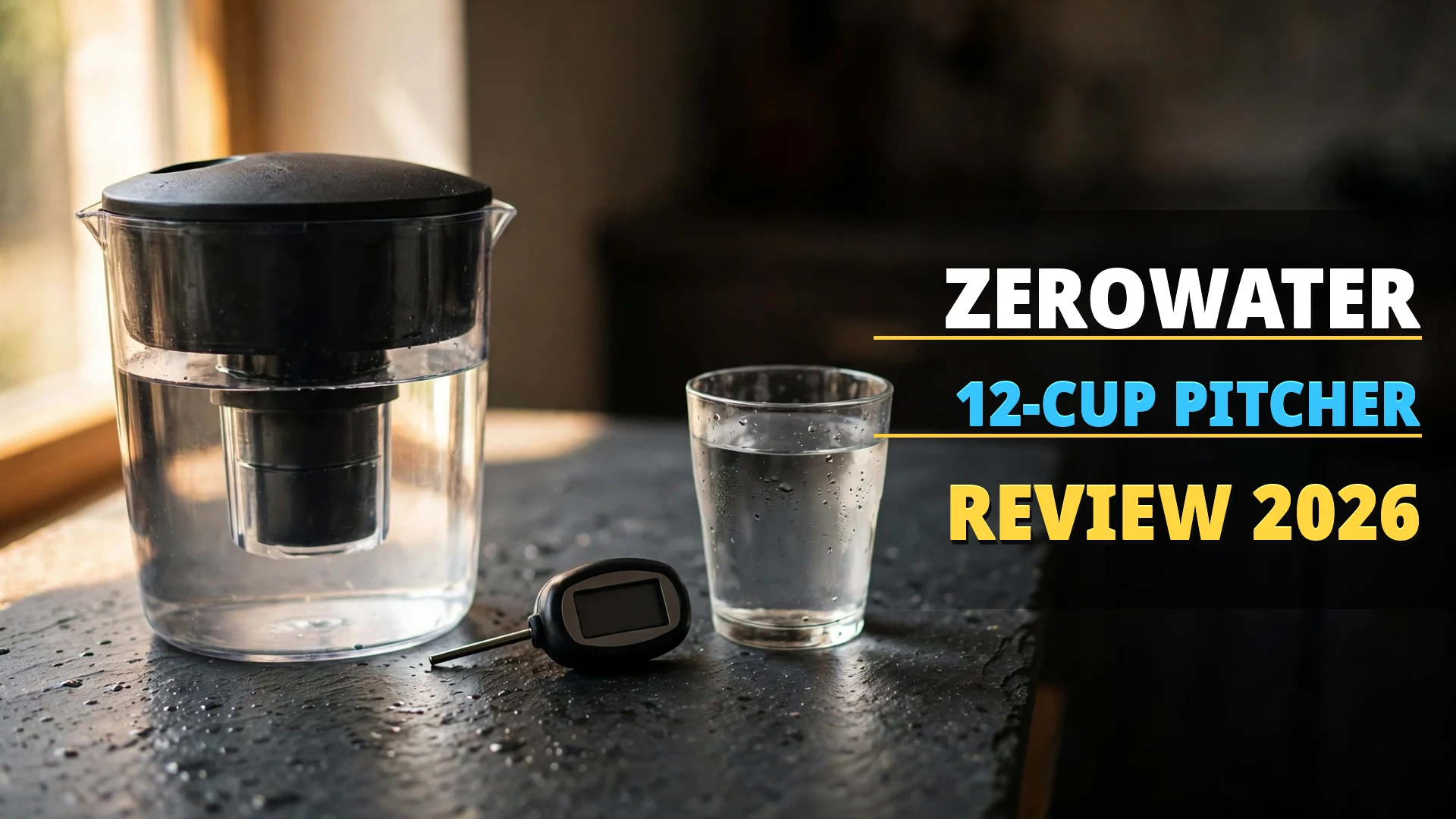 ZeroWater 12-Cup pitcher with TDS meter and a glass of filtered water